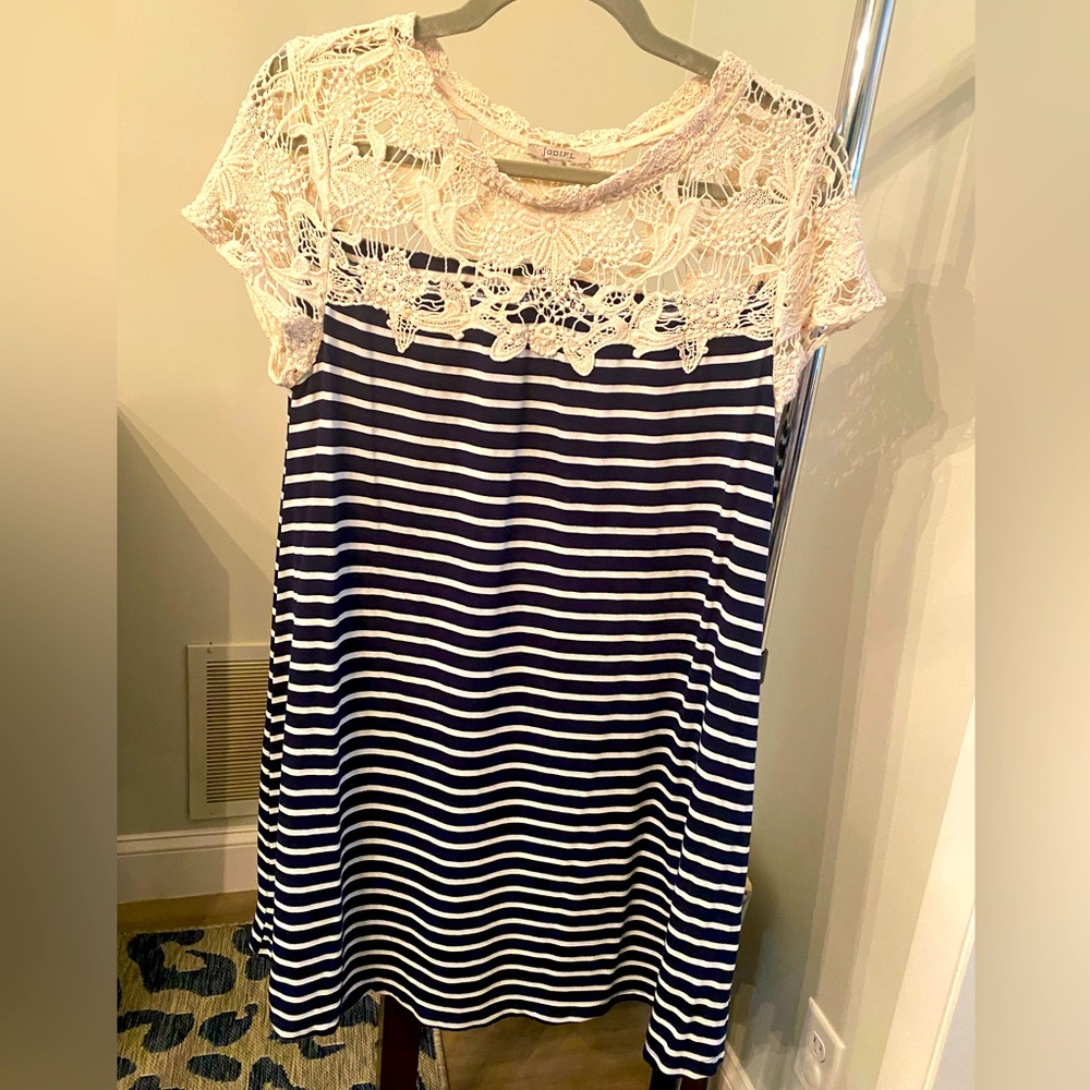 Jodifl S navy/white stripe knit dress with sheer embroidery on top